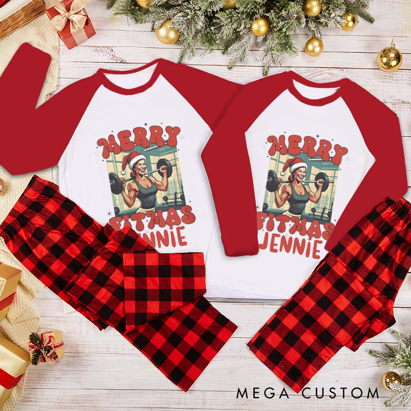 Personalized Couple Xmas Pajamas with Merry Fitmas Santa Lifting Weights Matching Pjs for Fitness Enthusiasts Bodybuilders and Gym Lovers Husband Wife Boyfriend Girlfriend