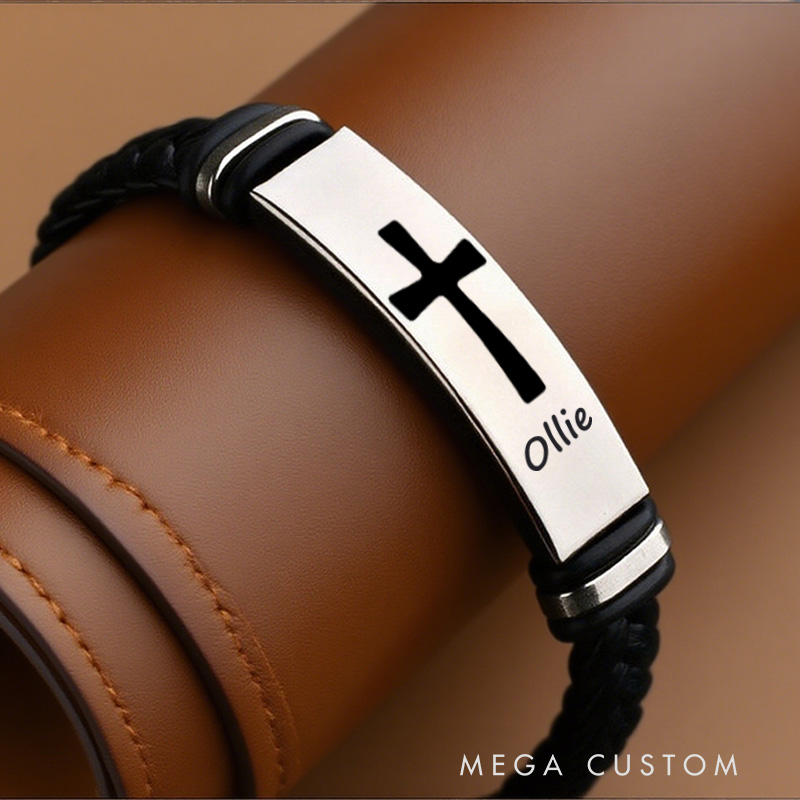 Personalized Cross Men Leather Magnetic Buckle Woven Bracelet with Name Religious Jewelry Religious Gift Christian Gift for Him