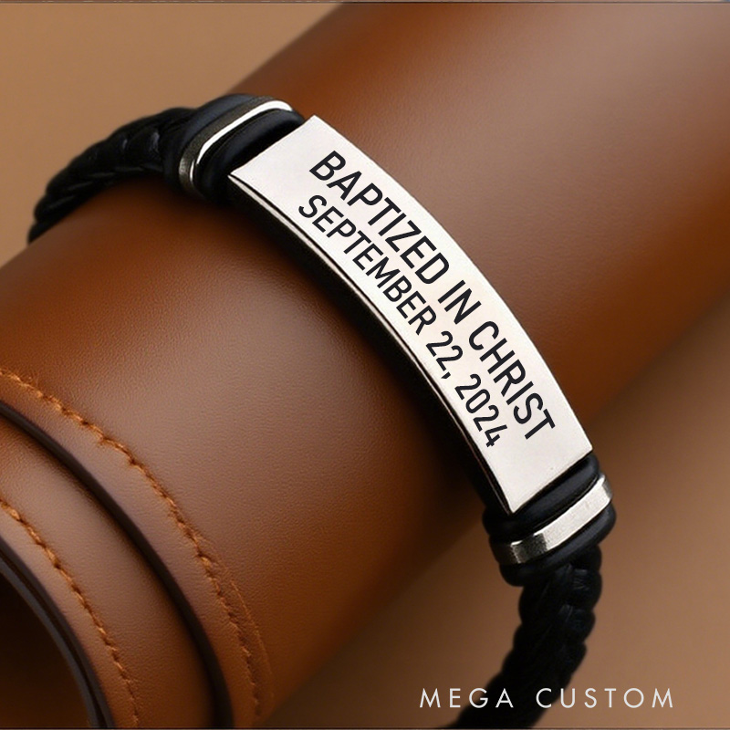 Personalized Baptized in Christ Men Leather Magnetic Buckle Woven Bracelet with Date Religious Jewelry Christian Baptism Gift
