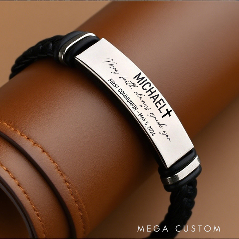 Personalized Cross Men Leather Magnetic Buckle Woven Bracelet with Name and Date Religious Jewelry Christian Gift First Communion Gift for Him