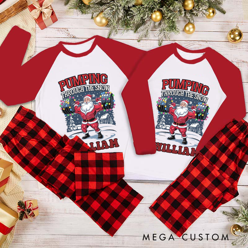 Personalized Couple Xmas Pajamas with Pumping Through the Snow Matching Pjs for Fitness Enthusiasts Bodybuilders and Gym Lovers Husband Wife Boyfriend Girlfriend