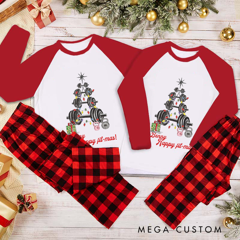 Personalized Couple Xmas Pajamas with Barbell Christmas Tree Matching Pjs for Fitness Enthusiasts Bodybuilders and Gym Lovers Husband Wife Boyfriend Girlfriend