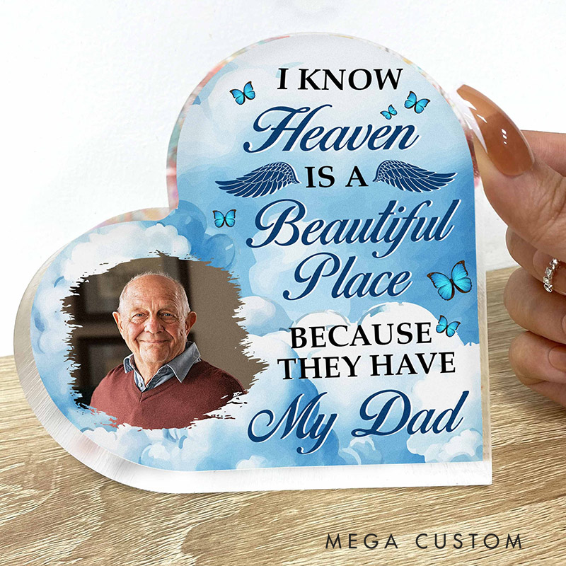 Personalized Memorial Plaque I Know Heaven Is A Beautiful Place Hearts Acrylic Block Sympathy Gifts for Family Bereavement Keepsake