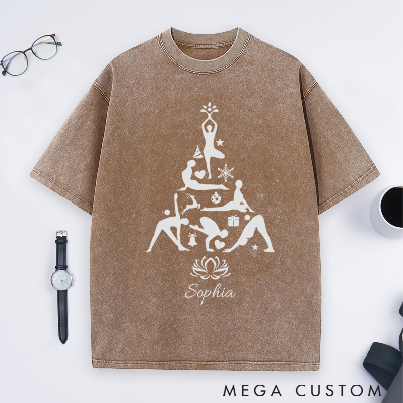 Personalized Yoga Washed T-Shirt with Christmas Tree Design Perfect Gift for Yoga Lover and Christmas