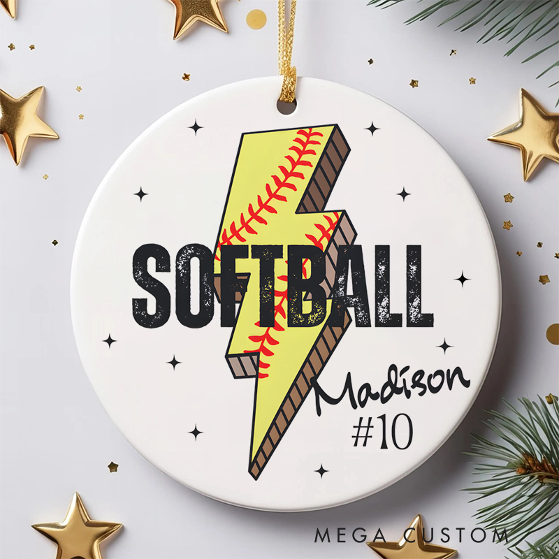 Personalized Softball Ornament with Custom Name, Number, and Lightning Bolt Design