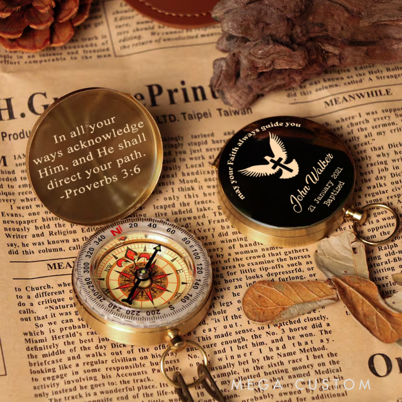 Personalized Winged Cross Luminous Compass with Name and Scripture Religious Gift Baptism Gift for Boys