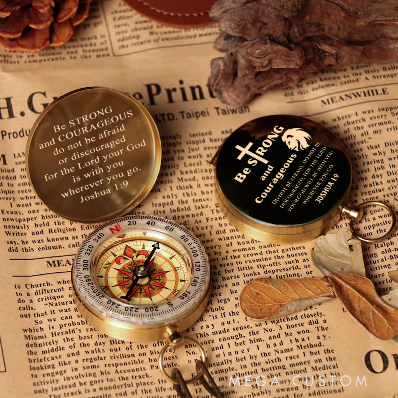 Personalized be Strong and Courageous Lion Luminous Compass with Scripture Religious Gift Christian Gift Faith Gift for Men