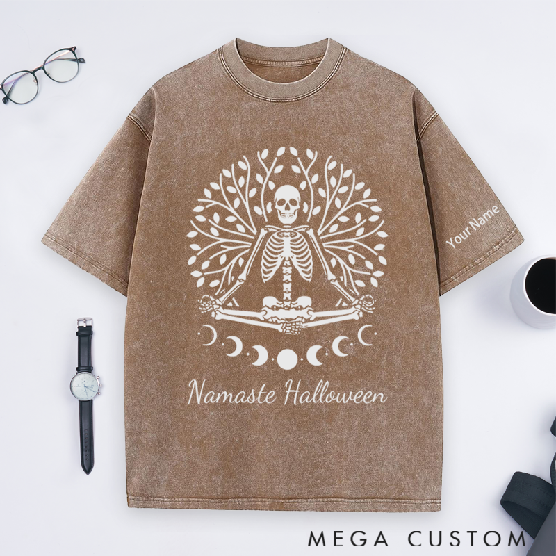Personalized Namaste Halloween Washed T-Shirt with Spooky Skeleton Yoga Design Perfect Gift for Yoga Lover and Halloween