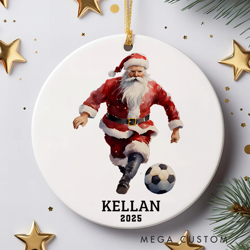 Personalized Soccer Santa Ornament with Custom Name and Year