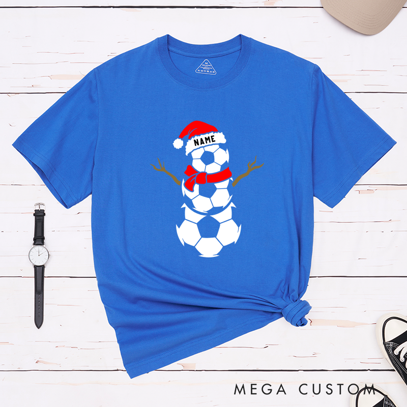 Personalized Soccer Snowman T-Shirt with Custom Name and Festive Design