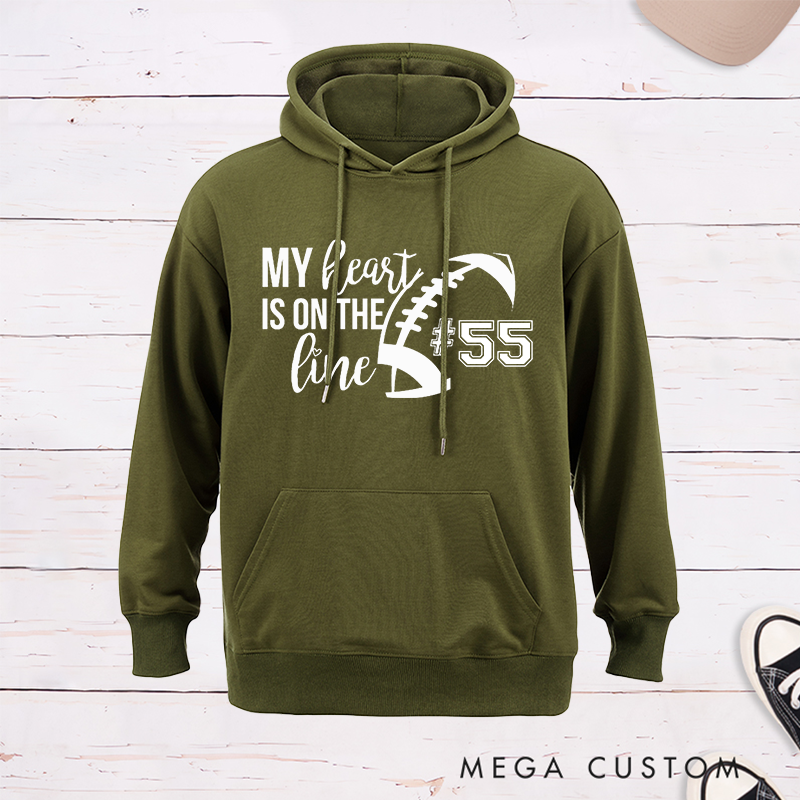 Personalized American Football Hoodie Cap for "My Heart is on the Line" with Custom Jersey Number