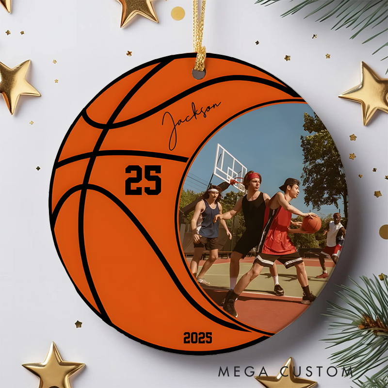 Personalized Basketball Photo Ornament with Custom Name, Number, and Year