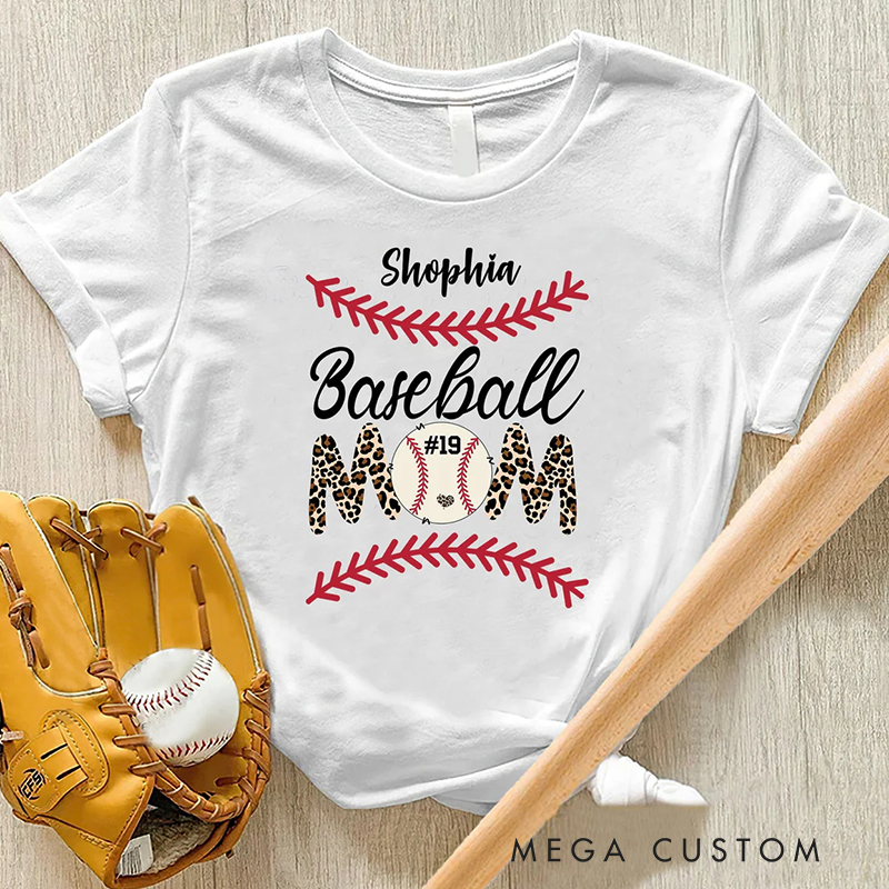 Personalized Baseball Mom T-Shirt with Stylish Leopard Print and Number