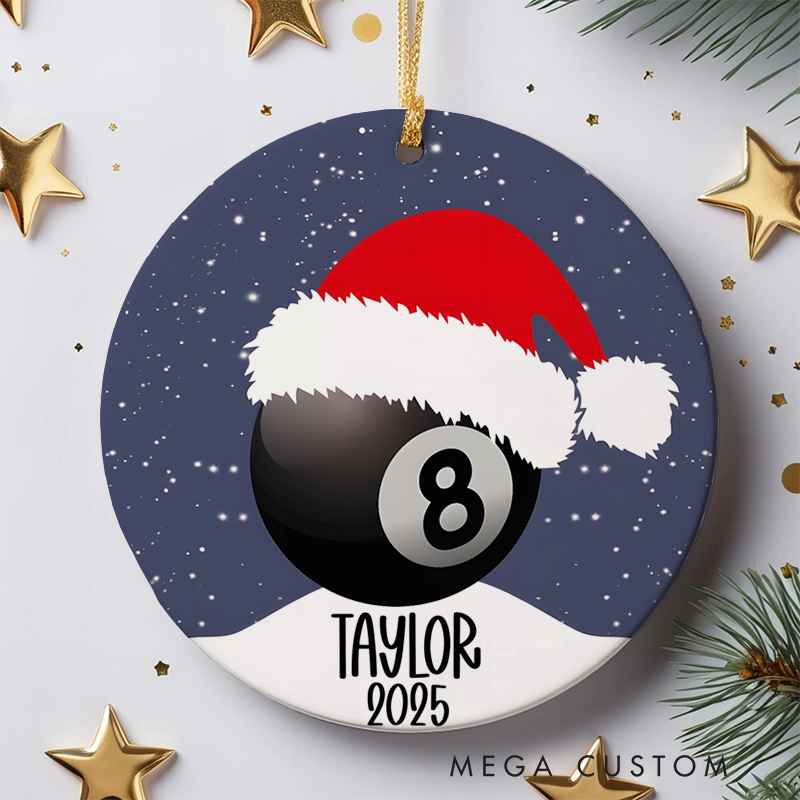 Personalized Billiards Christmas Ornament with Santa Hat, Custom Name, and Year