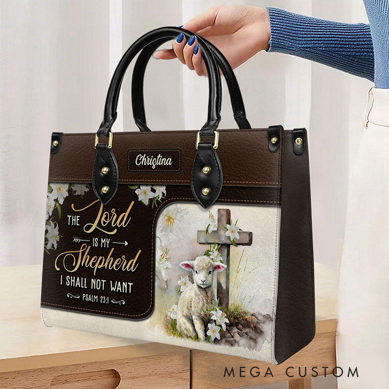 Personalized The Lord is My Shepherd Psalm 23:1 Bible Verse Leather Handbag with Name Religious Gift Christian Gift for Her