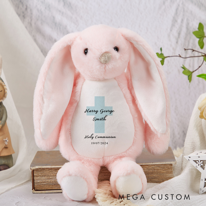Personalized Blue Cross Stuffed Bunny Plush Toy with Name Birthday First Holy Communion Gift for Christians
