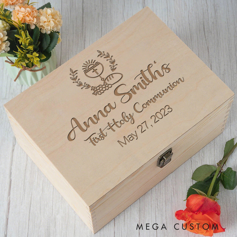 Personalized Olive Leaves Wooden Keepsake Box with Name and Date Religious Gift First Holy Communion Gift for Christians
