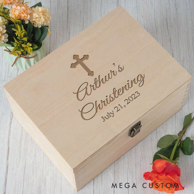 Personalized Cross Wooden Keepsake Box with Name and Date Religious Gift Baptism Gift for Christians
