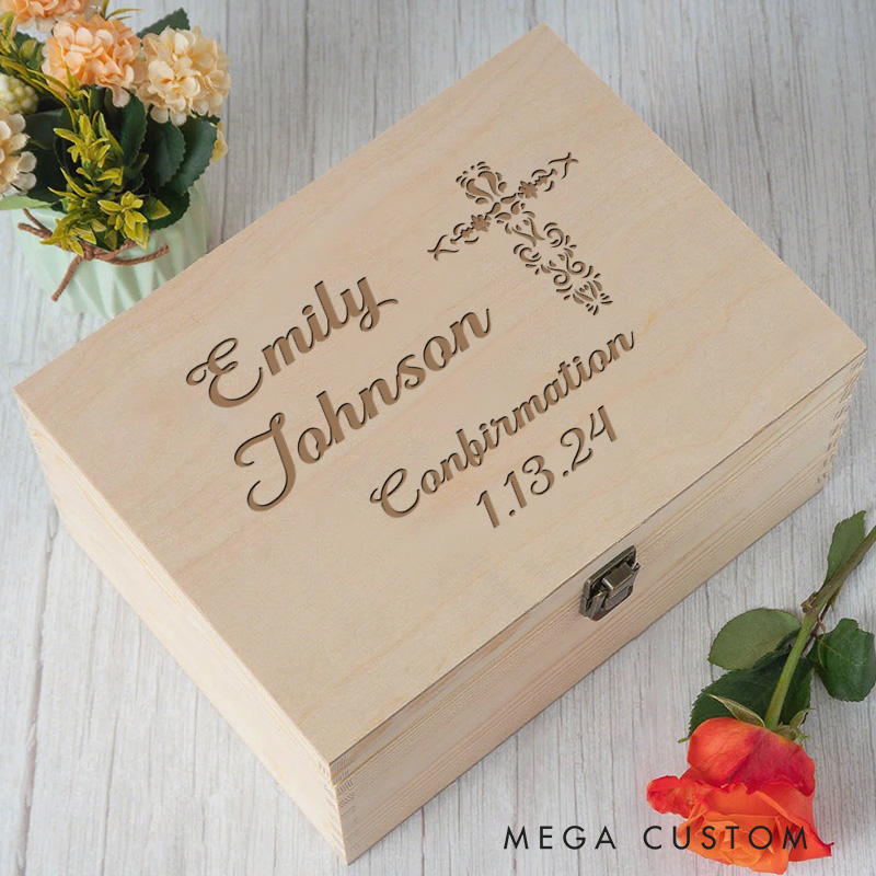 Personalized Wooden Keepsake Box with Cross Name and Date Religious Gift Best Gift for Girls