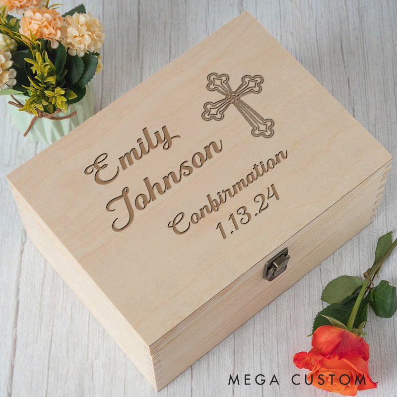 Personalized Wooden Keepsake Box Cross with Name and Date Religious Gift Best Gift for Girls