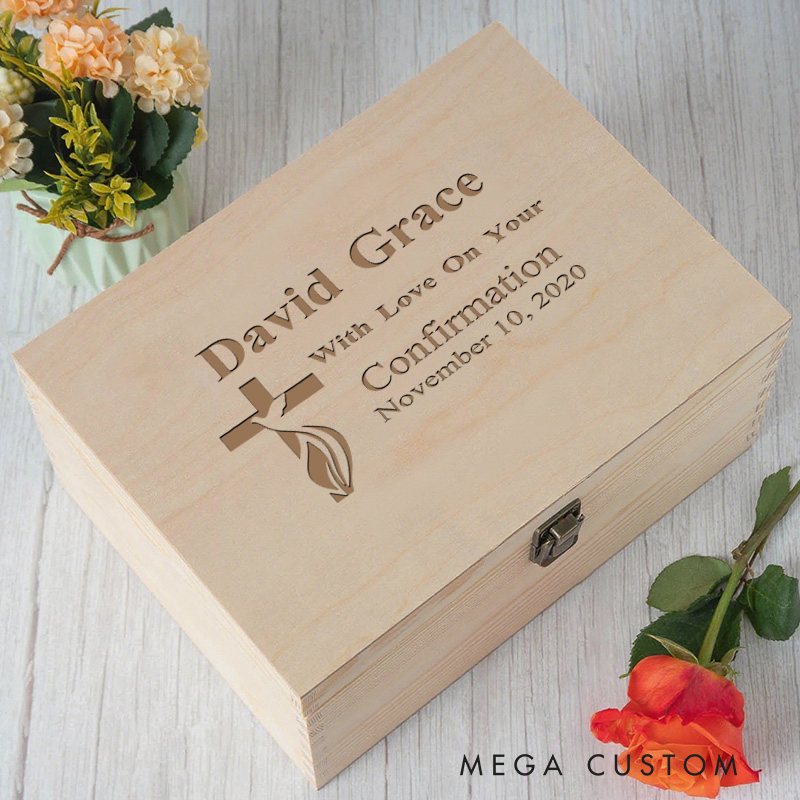 Personalized Wooden Dove Cross Keepsake Box with Name and Date Religious Gift Confirmation Gift for Christians