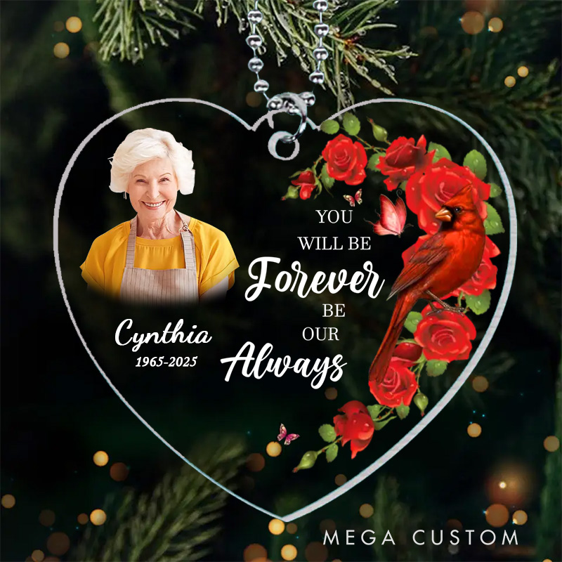 Personalized Heart Shaped Memorial Ornament Customizable Photo Name Year Quote Cardinal Roses Keepsake