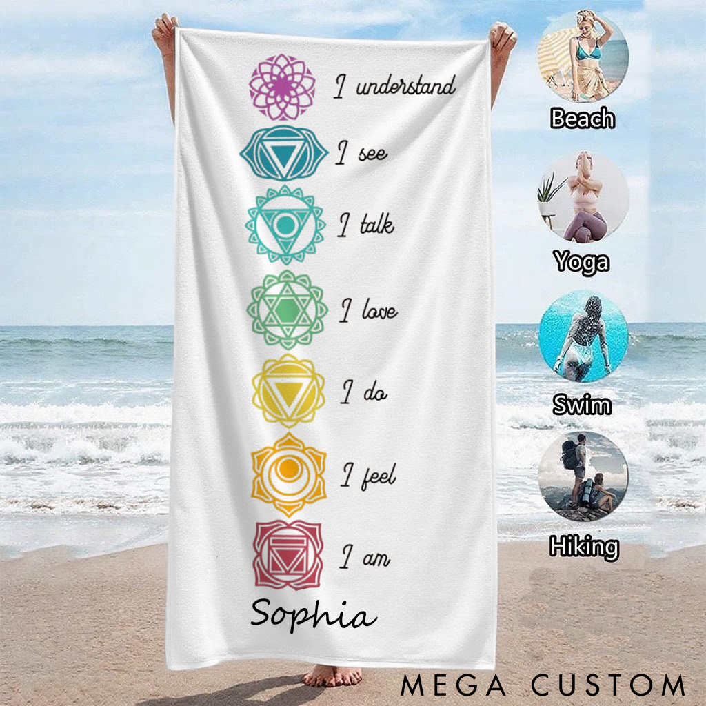 Personalized Chakra Yoga Beach Towel with Seven Chakra Design and Positive Quotes Perfect Gift for Yoga Lover