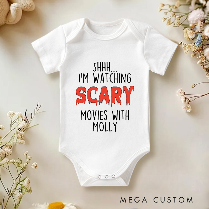 Personalized Shhh... I'm Watching Scary Movies with MOMMY Baby Onesie Newborn Baby Gift