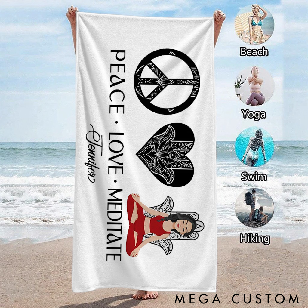 Personalized Peace Love Meditate Beach Towel Perfect Gift for Yoga Lover, Travel and Outdoor Adventures