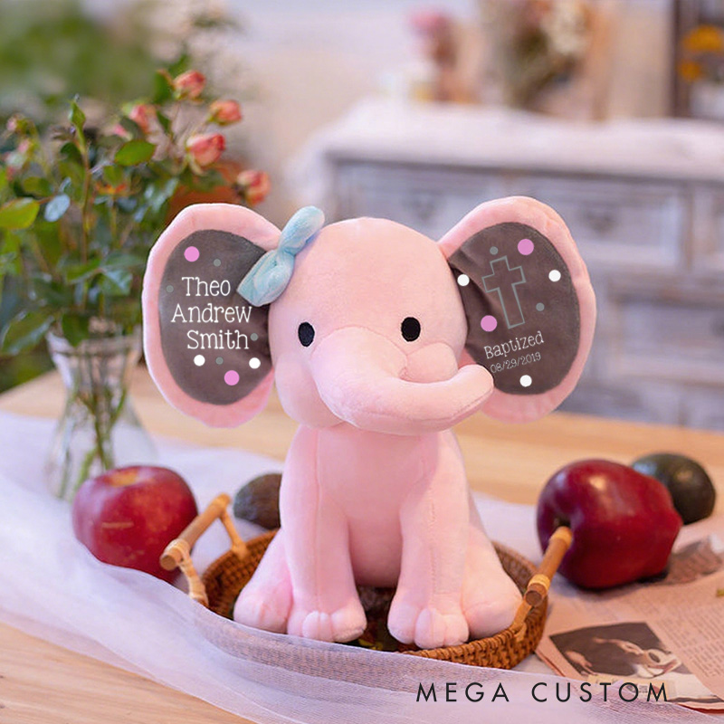 Personalized Cross Polka Dot Stuffed Elephant Plush Toys with Name and Text Religious Gift Baptism Gift for Boys and Girls