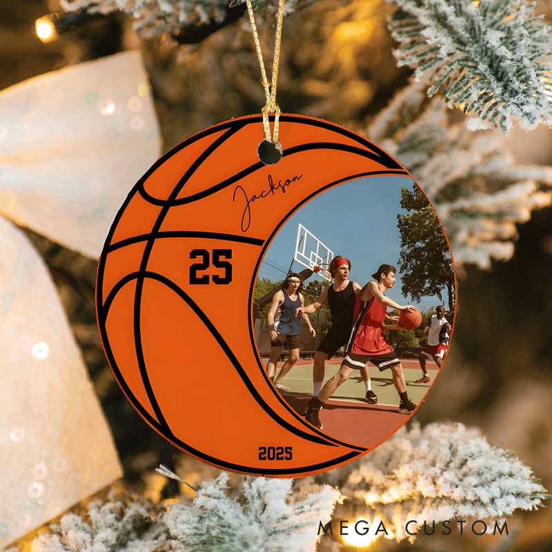 Personalized Basketball Photo Ornament with Custom Name, Number, and Year