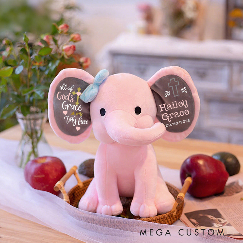 Personalized Cross God’s Grace Stuffed Elephant Plush Toys with Name and Date Religious Gift Birthday Gift for Kids