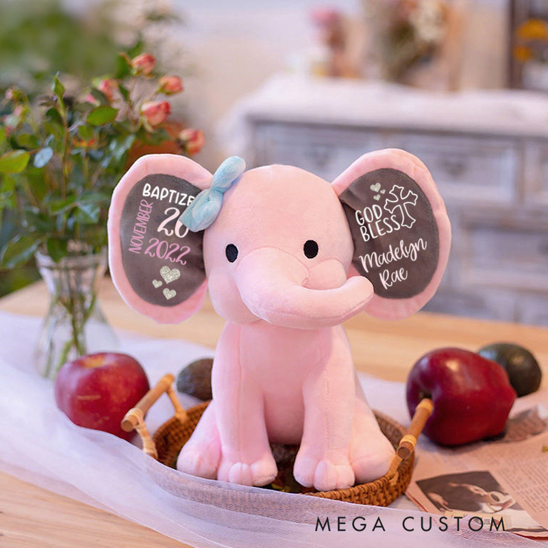 Personalized God Bless Stuffed Elephant Plush Toys with Name and Text Religious Gift Baptism Gift 