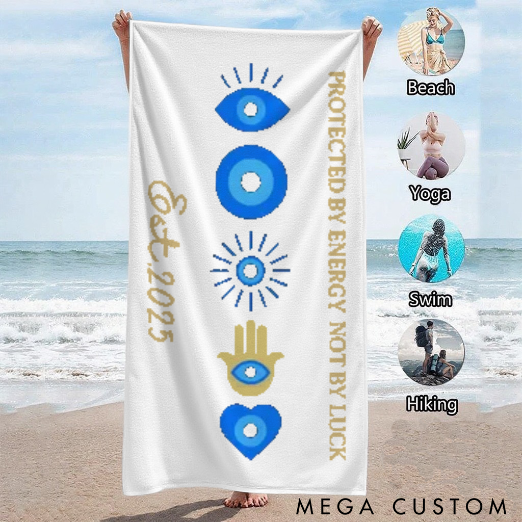 Personalized Evil Eye Beach Towel with Energy Symbol Design Perfect Gift for Yoga Lover, Travel and Outdoor Adventures