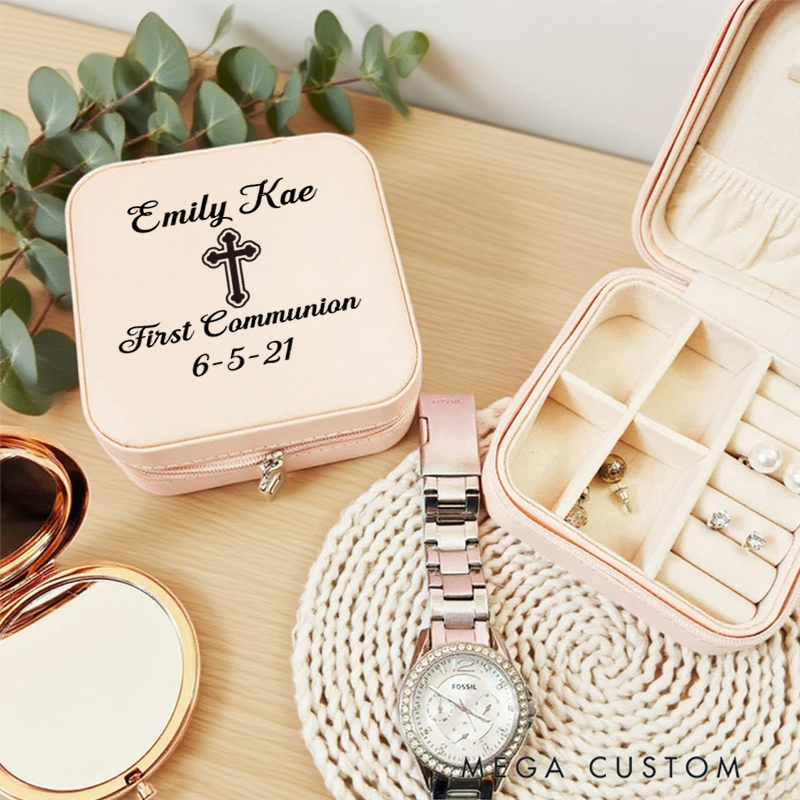 Personalized First Communion Square Leather Jewelry Box with Name and Date Portable Case Travel Accessory Gift for Christian