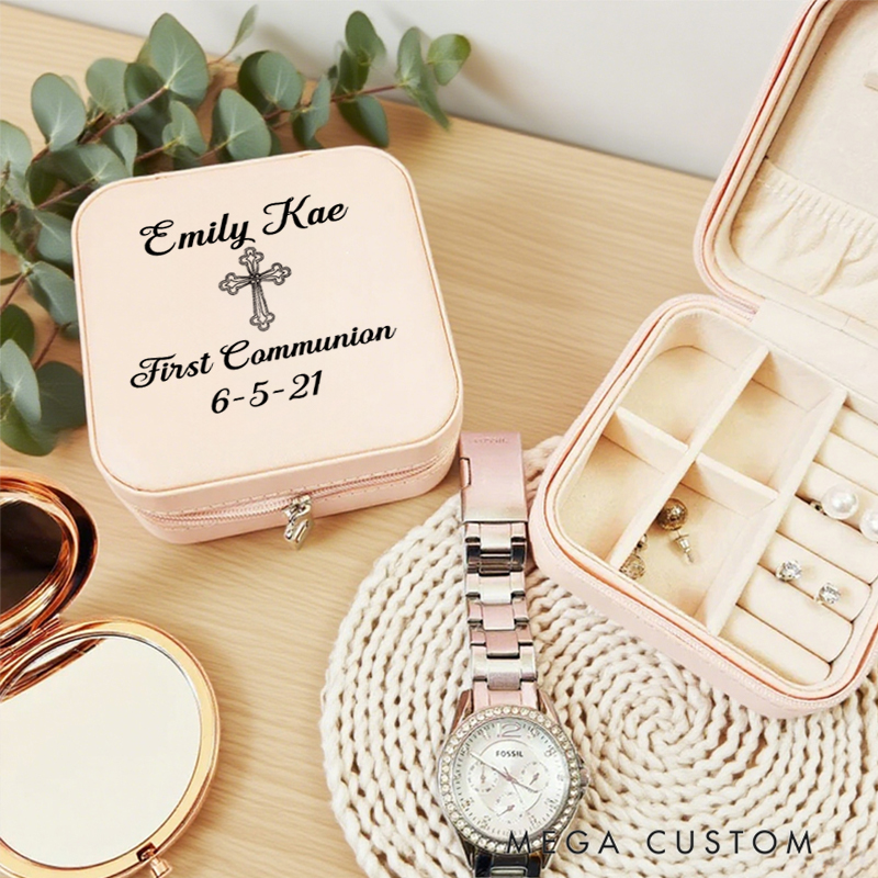 Personalized First Holy Communion Square Leather Jewelry Box with Name and Date Portable Case Travel Accessory Christian Gift
