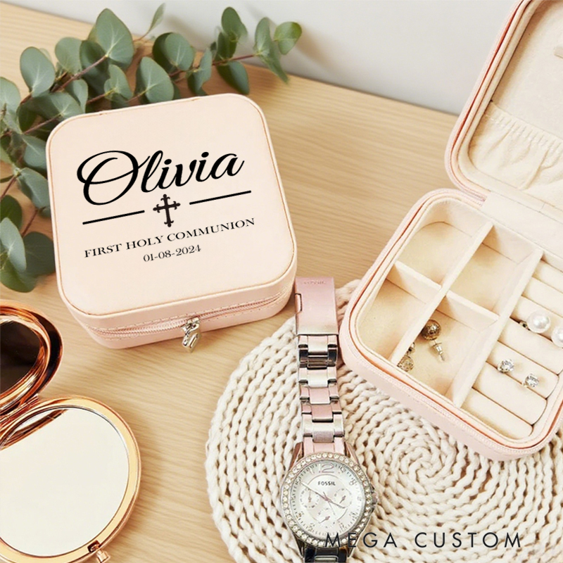 Personalized First Holy Communion Leather Jewelry Box with Name and Date Portable Case Travel Accessory 1st Communion Gift for Christian 