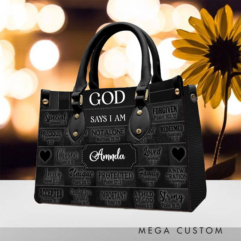 Personalized God Says I am Bible Verse Faith Leather Handbag with Name Religious Gift Christian Gift for Her