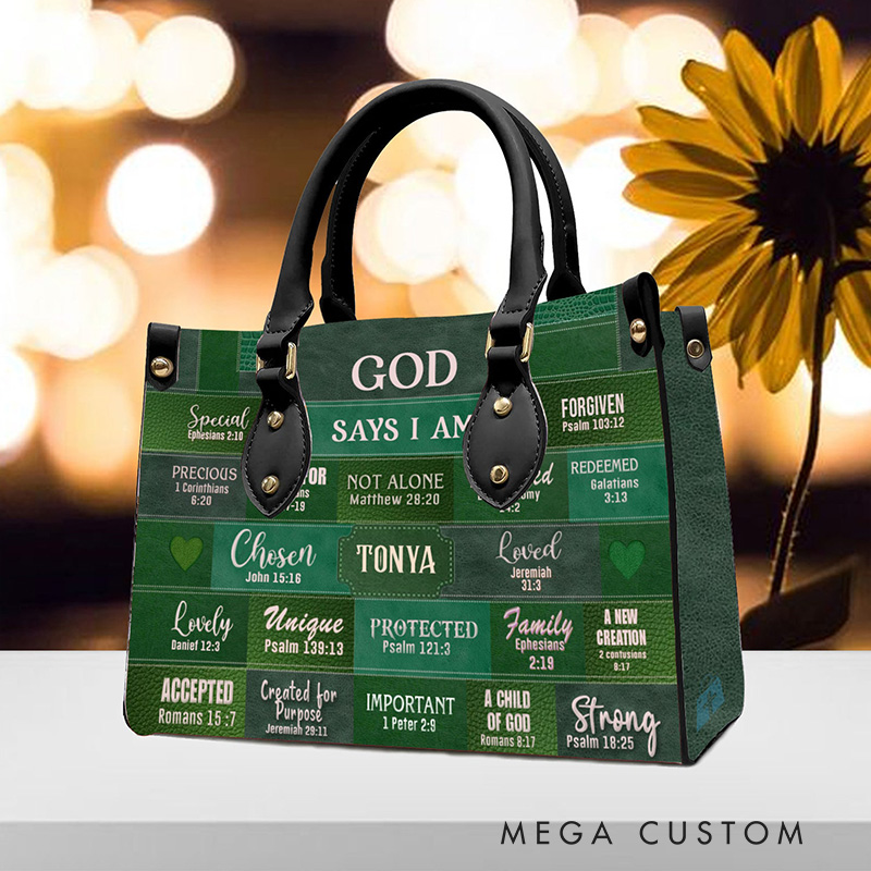 Personalized God Says I am Bible Verse Green Leather Handbag with Name Religious Gift Christian Faith Gift for Women