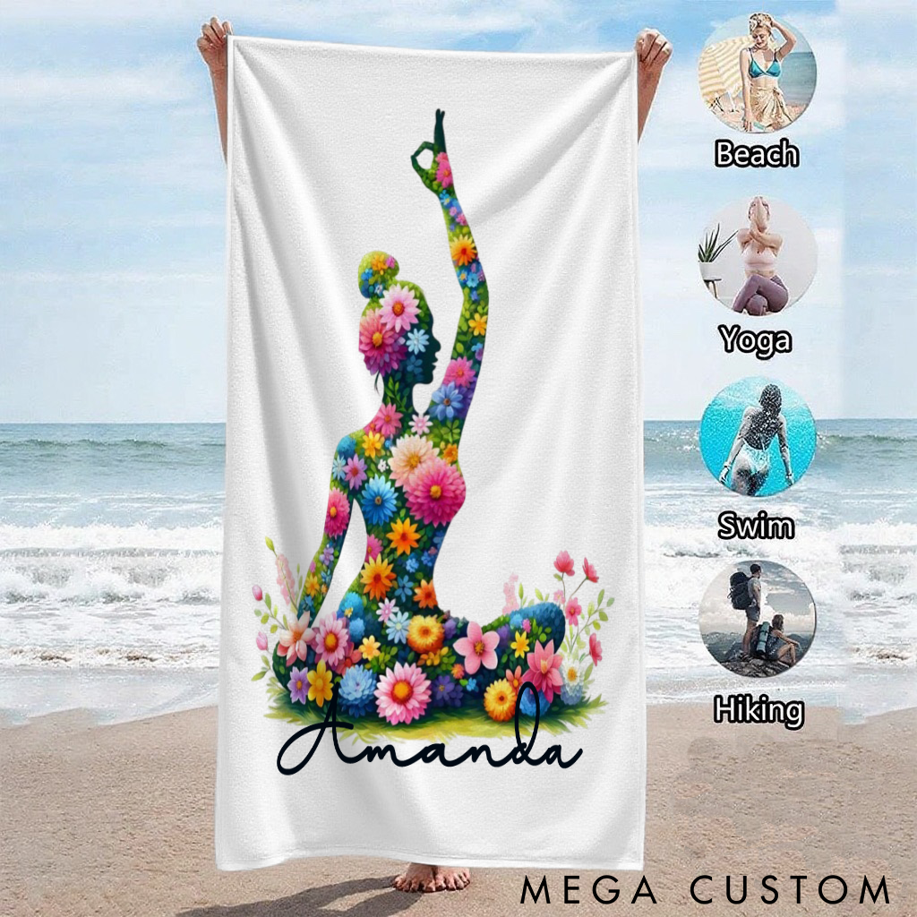 Personalized Floral Yoga Superpower Towel with Vibrant Flower Pose Design Perfect Gift for Yoga Lover