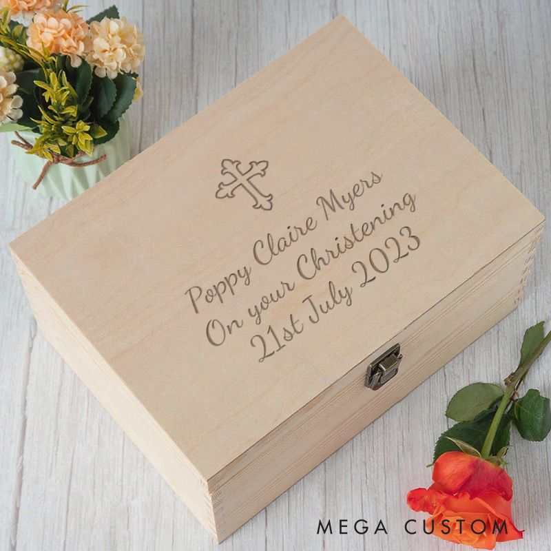 Personalized Cross Wooden Keepsake Box with Name and Date Religious Gift Christening Gift