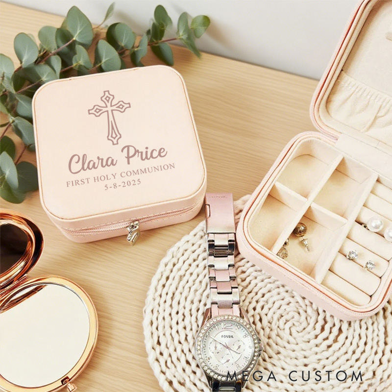 Personalized Cross Jewelry Box First Holy Communion Leather Jewelry Box with Name and Date Portable Case Travel Accessory Baptism Gift for Her