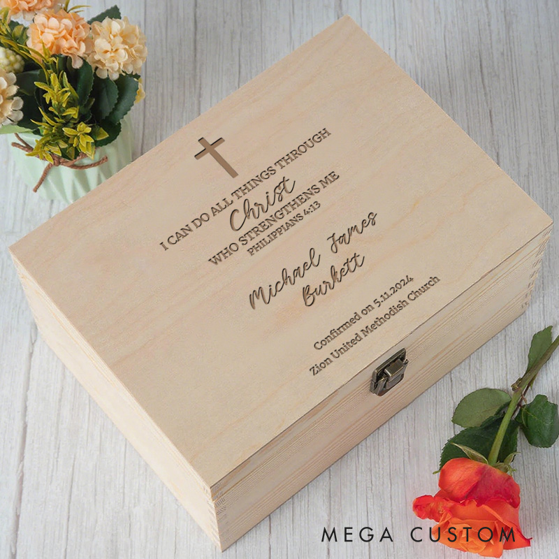 Personalized Bible Verse Wooden Keepsake Box with Name and Location Religious Gift Confirmation Gift for Kids