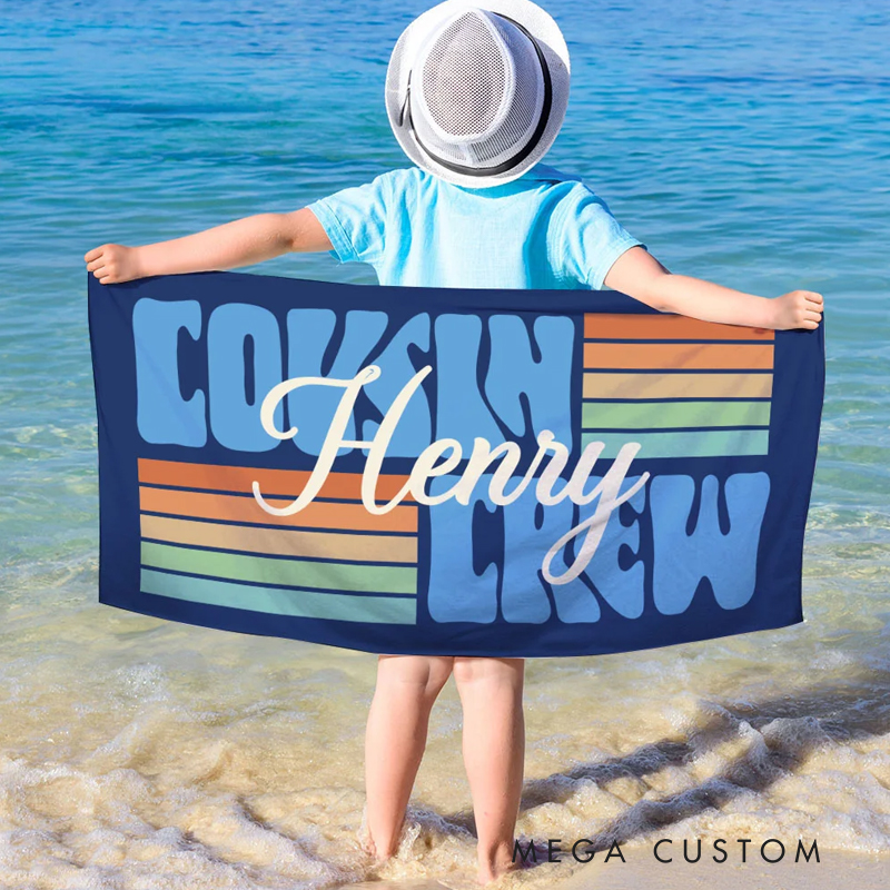 Personalized Cousin Crew Beach Towel with Name Vacation Gift for Traveling Lovers Multicolor Stripe Design Beach Towel for Kids