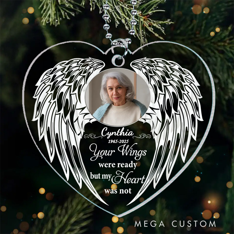 Personalized Heart Shaped Memorial Ornament Angel Wings Design Custom Photo Name Year Keepsake