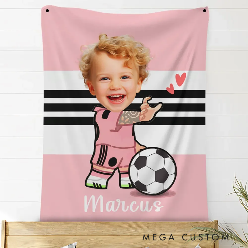 Personalized Pink Soccer Blanket with Custom Photo and Name Design for Kids