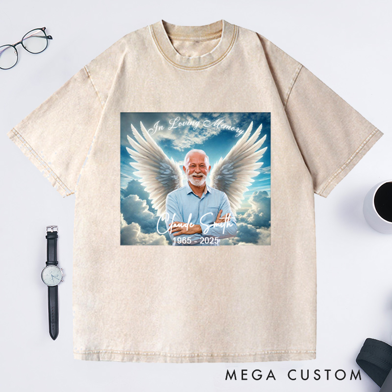 Personalized Memorial Washed T-Shirt Memorial Gift for Loss of Loved One In Loving Memory Gift Angel Wings Photo T-Shirt 