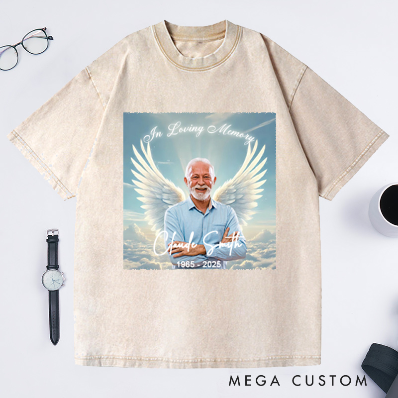 Personalized Memorial Photo Washed T-Shirt Memorial Gift for Loss of Grandfather Father and Loved One In Loving Memory Gift Angel Wings T-Shirt 