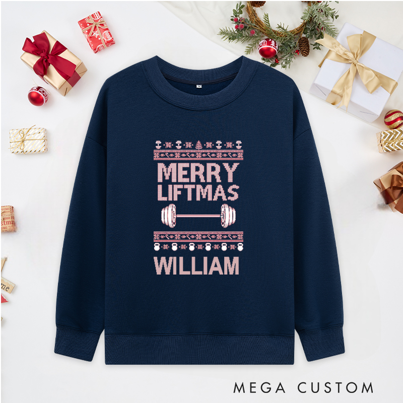 Personalized Christmas Classic Sweatshirts with Merry Liftma' Festive Barbell for Fitness Enthusiasts Bodybuilders and Gym Lovers
