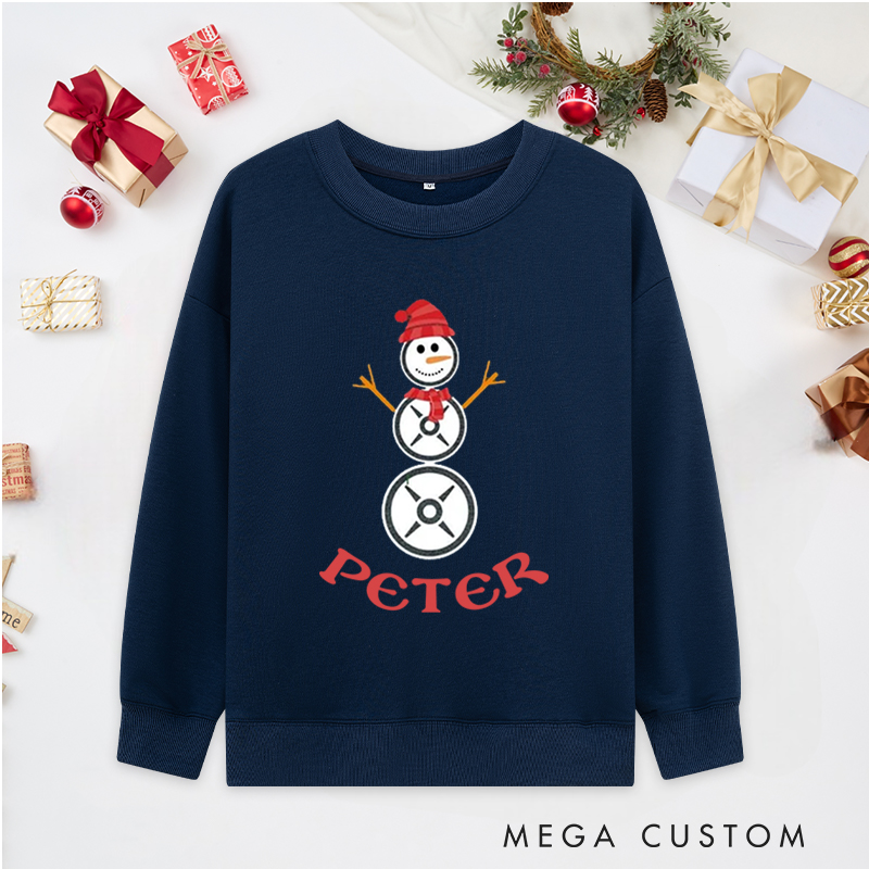 Personalized Christmas Classic Sweatshirts with Weight Plate Snowman for Fitness Enthusiasts Bodybuilders and Gym Lovers